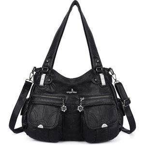 image:imageAngel Kiss Womens Designer Handbag Large Double Zipper Multi Pocket Washed Leather Purse11black