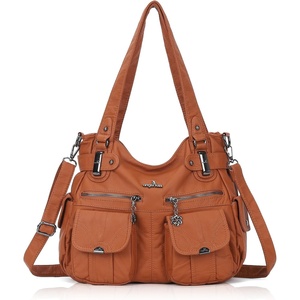 image:imageAngel Kiss Womens Designer Handbag Large Double Zipper Multi Pocket Washed Leather Purse12brown