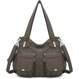 image:imageAngel Kiss Womens Designer Handbag Large Double Zipper Multi Pocket Washed Leather Purse1clay Grey