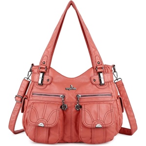 image:imageAngel Kiss Womens Designer Handbag Large Double Zipper Multi Pocket Washed Leather Purse1coral