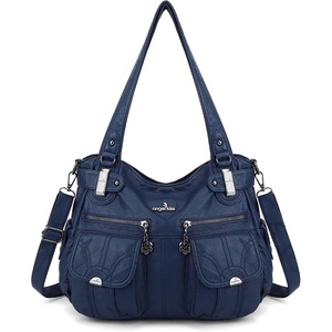 image:imageAngel Kiss Womens Designer Handbag Large Double Zipper Multi Pocket Washed Leather Purse1dblue