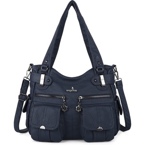 image:imageAngel Kiss Womens Designer Handbag Large Double Zipper Multi Pocket Washed Leather Purse1denim Blue