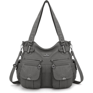 image:imageAngel Kiss Womens Designer Handbag Large Double Zipper Multi Pocket Washed Leather Purse1grey