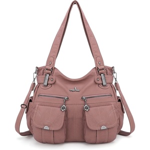 image:imageAngel Kiss Womens Designer Handbag Large Double Zipper Multi Pocket Washed Leather Purse1pink