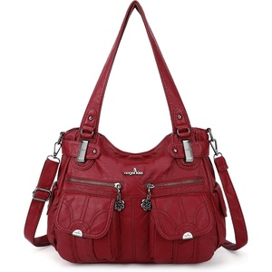 image:imageAngel Kiss Womens Designer Handbag Large Double Zipper Multi Pocket Washed Leather Purse1red