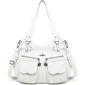 image:imageAngel Kiss Womens Designer Handbag Large Double Zipper Multi Pocket Washed Leather Purse1white