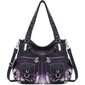 image:imageAngel Kiss Womens Designer Handbag Large Double Zipper Multi Pocket Washed Leather Purse2tiedyed Purple