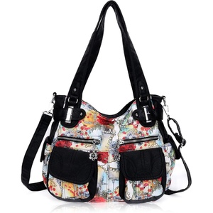 image:imageAngel Kiss Womens Designer Handbag Large Double Zipper Multi Pocket Washed Leather Purse3flowerblack