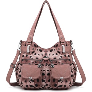 image:imageAngel Kiss Womens Designer Handbag Large Double Zipper Multi Pocket Washed Leather Purse3pink Leopard