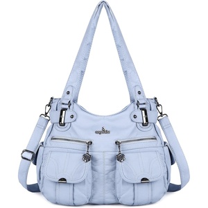 image:imageAngel Kiss Womens Designer Handbag Large Double Zipper Multi Pocket Washed Leather PurseLblue