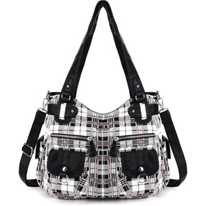 image:imageAngel Kiss Womens Designer Handbag Large Double Zipper Multi Pocket Washed Leather PurseP  Black