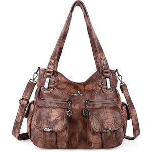 image:imageAngel Kiss Womens Designer Handbag Large Double Zipper Multi Pocket Washed Leather PurseRetro Brown