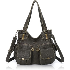 image:imageAngel Kiss Womens Designer Handbag Large Double Zipper Multi Pocket Washed Leather PurseRetro Green1