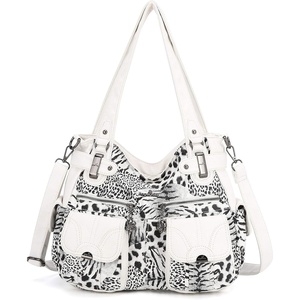 image:imageAngel Kiss Womens Designer Handbag Large Double Zipper Multi Pocket Washed Leather PurseWhite  Leopard