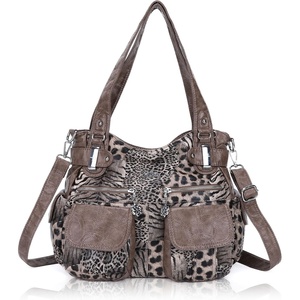 image:imageAngel Kiss Womens Designer Handbag Large Double Zipper Multi Pocket Washed Leather PurseYellow  Leopard