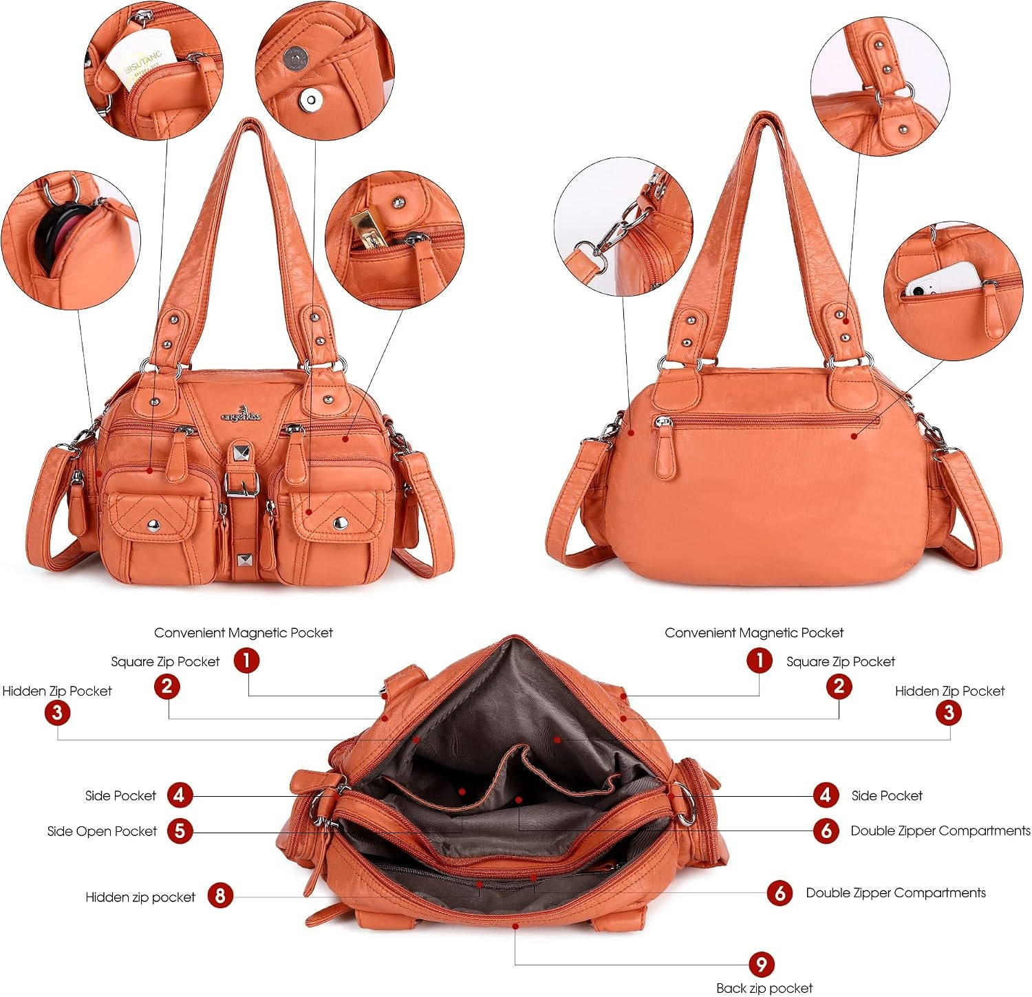 image:imageAngel Kiss Hobo Crossbody Purses for Women Shoulder Bag Multipocket Soft Hobo Purses Removable Strap Leather HandbagsCoral