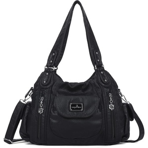 image:imageAngel Kiss Women Handbags Shoulder Bags Washed Leather Satchel Tote Bag Mutipocket Hobo PurseBlack