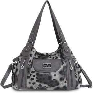 image:imageAngel Kiss Women Handbags Shoulder Bags Washed Leather Satchel Tote Bag Mutipocket Hobo PurseLeopard Grey