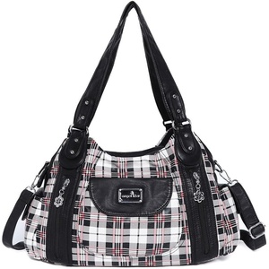 image:imageAngel Kiss Women Handbags Shoulder Bags Washed Leather Satchel Tote Bag Mutipocket Hobo PursePlaid Black