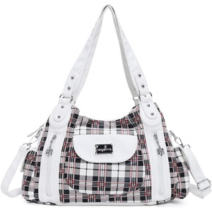 image:imageAngel Kiss Women Handbags Shoulder Bags Washed Leather Satchel Tote Bag Mutipocket Hobo PursePlaid White