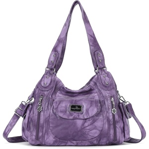 image:imageAngel Kiss Women Handbags Shoulder Bags Washed Leather Satchel Tote Bag Mutipocket Hobo PurseRetro Purple