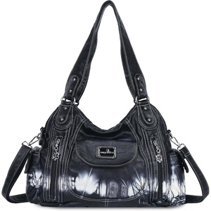 image:imageAngel Kiss Women Handbags Shoulder Bags Washed Leather Satchel Tote Bag Mutipocket Hobo PurseTie Dye Black