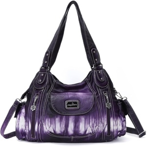 image:imageAngel Kiss Women Handbags Shoulder Bags Washed Leather Satchel Tote Bag Mutipocket Hobo PurseTie Dye Purple