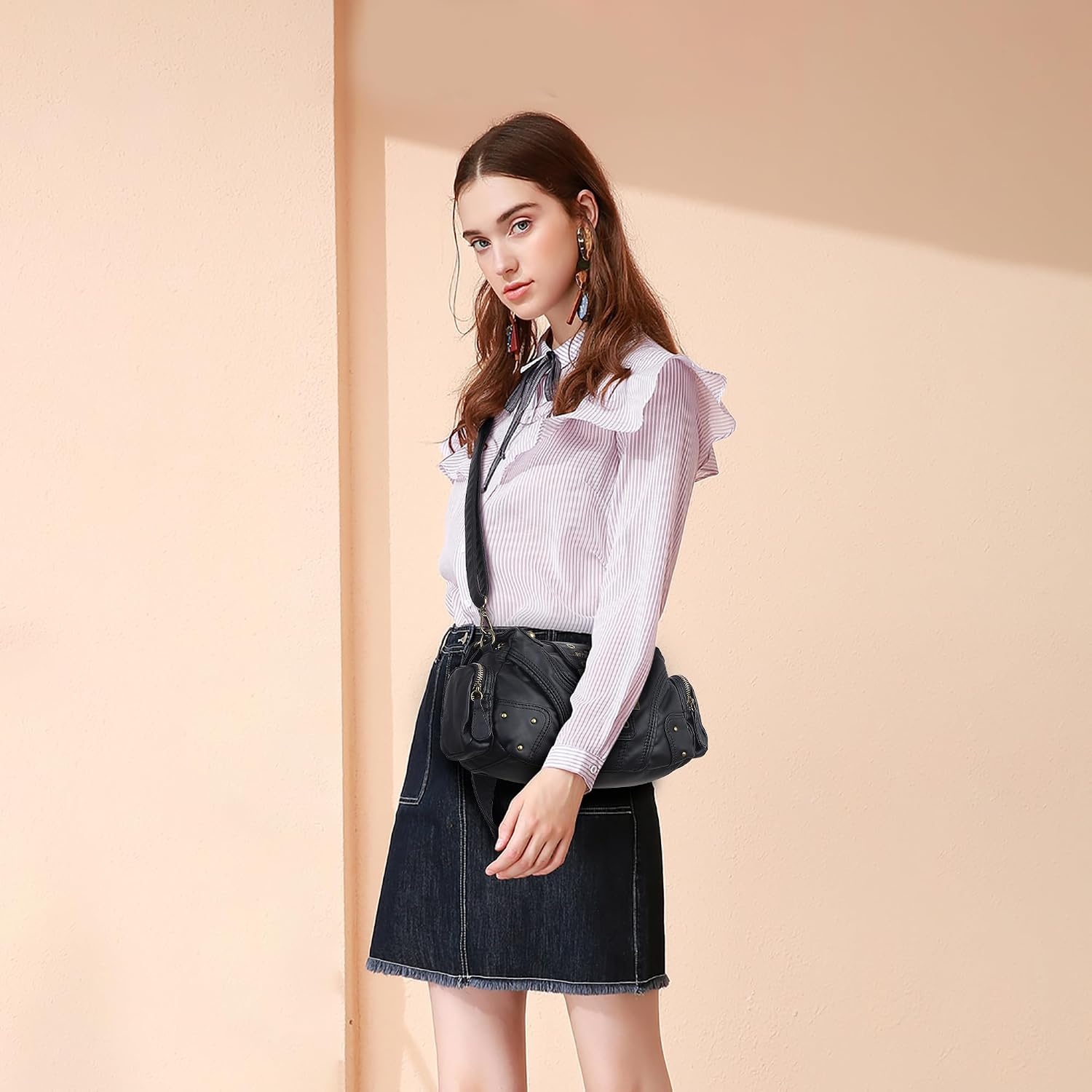 image:imageAngel Kiss Hobo Purses for Women Small Vegan Leather Shoulder Handbag Vintage MultiPocket Crossbody Bag Tote BagBlack