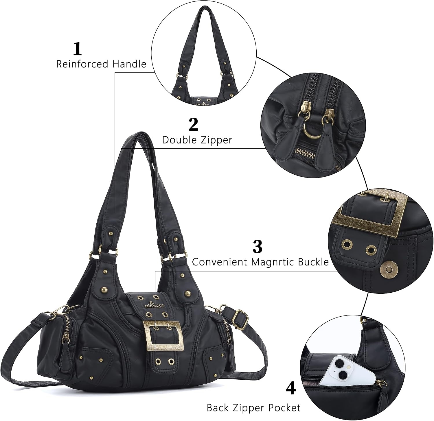 image:imageAngel Kiss Hobo Purses for Women Small Vegan Leather Shoulder Handbag Vintage MultiPocket Crossbody Bag Tote BagBlack