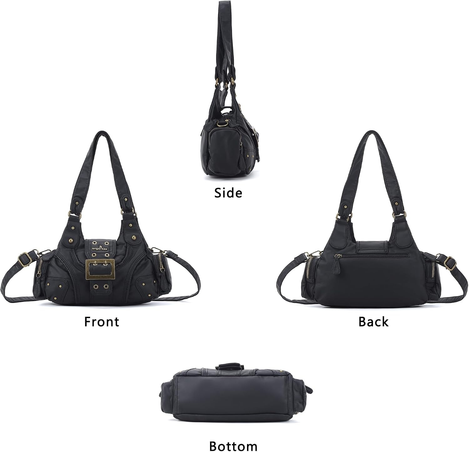 image:imageAngel Kiss Hobo Purses for Women Small Vegan Leather Shoulder Handbag Vintage MultiPocket Crossbody Bag Tote BagBlack