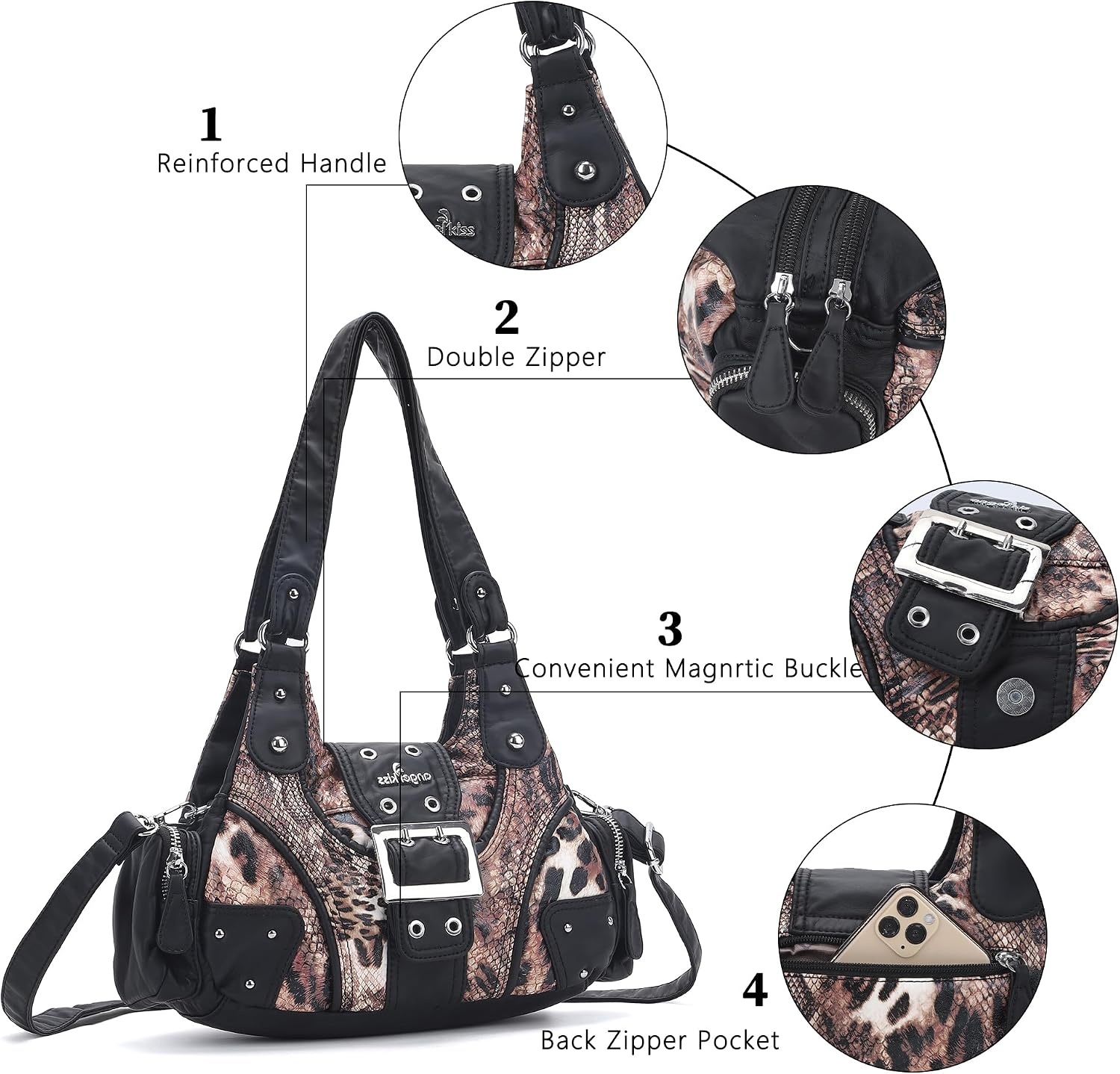 image:imageAngel Kiss Hobo Purses for Women Small Vegan Leather Shoulder Handbag Vintage MultiPocket Crossbody Bag Tote BagBlush Leopard