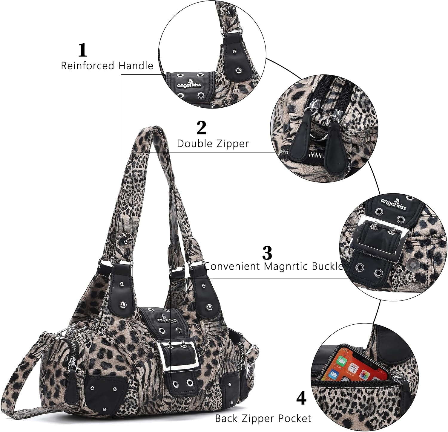 image:imageAngel Kiss Hobo Purses for Women Small Vegan Leather Shoulder Handbag Vintage MultiPocket Crossbody Bag Tote BagGrey Leopard