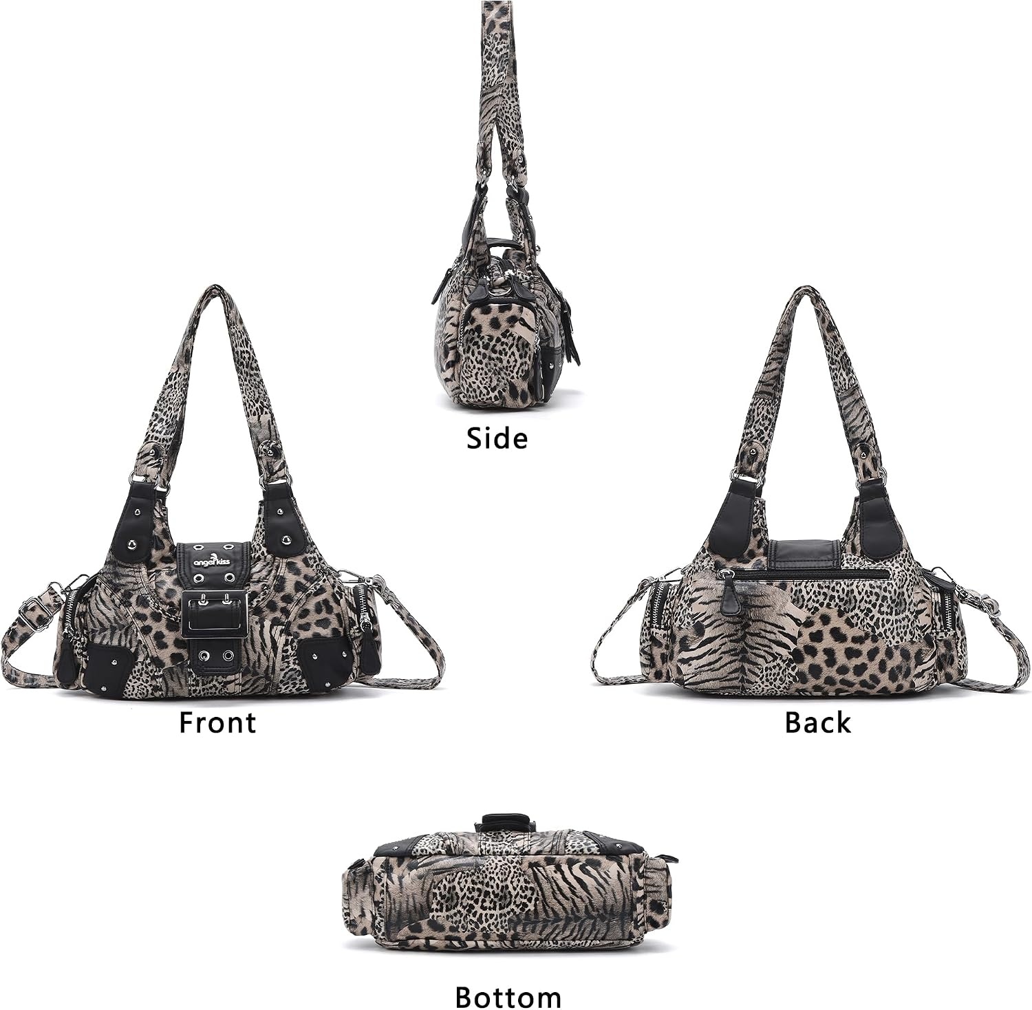 image:imageAngel Kiss Hobo Purses for Women Small Vegan Leather Shoulder Handbag Vintage MultiPocket Crossbody Bag Tote BagGrey Leopard