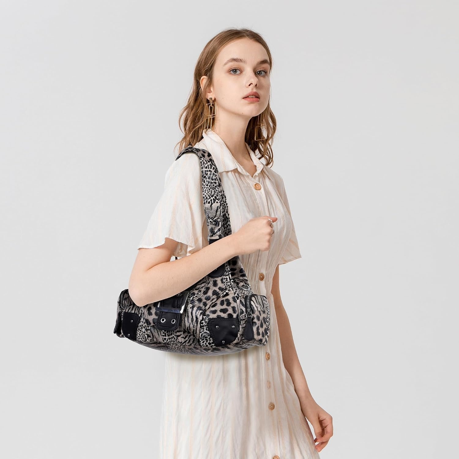 image:imageAngel Kiss Hobo Purses for Women Small Vegan Leather Shoulder Handbag Vintage MultiPocket Crossbody Bag Tote BagGrey Leopard