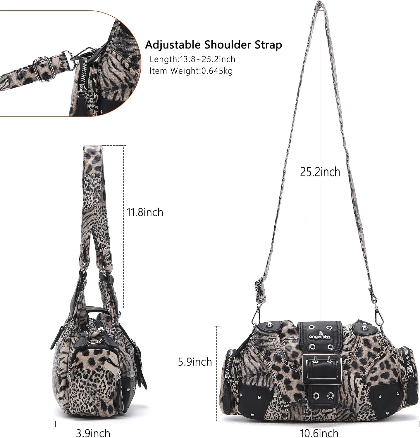 image:imageAngel Kiss Hobo Purses for Women Small Vegan Leather Shoulder Handbag Vintage MultiPocket Crossbody Bag Tote BagGrey Leopard