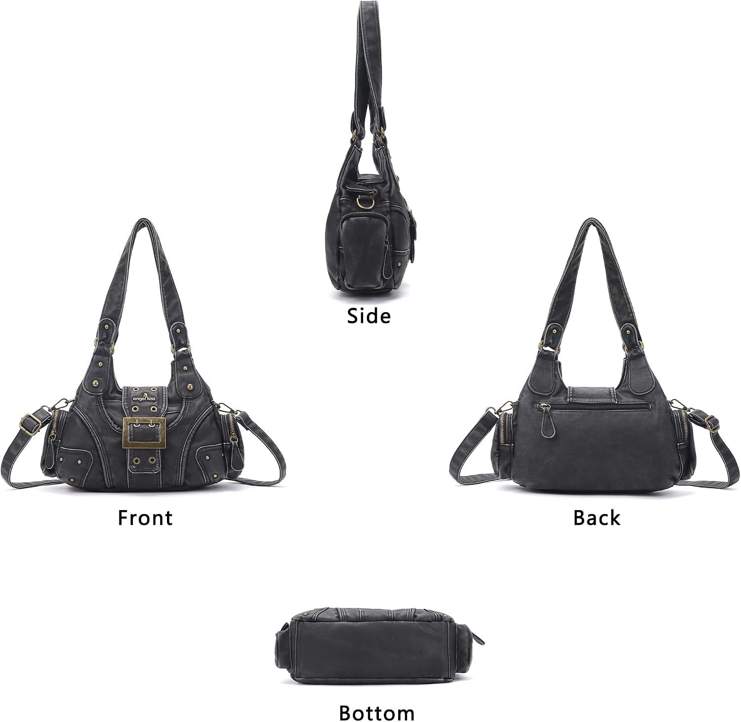 image:imageAngel Kiss Hobo Purses for Women Small Vegan Leather Shoulder Handbag Vintage MultiPocket Crossbody Bag Tote BagRetro Black