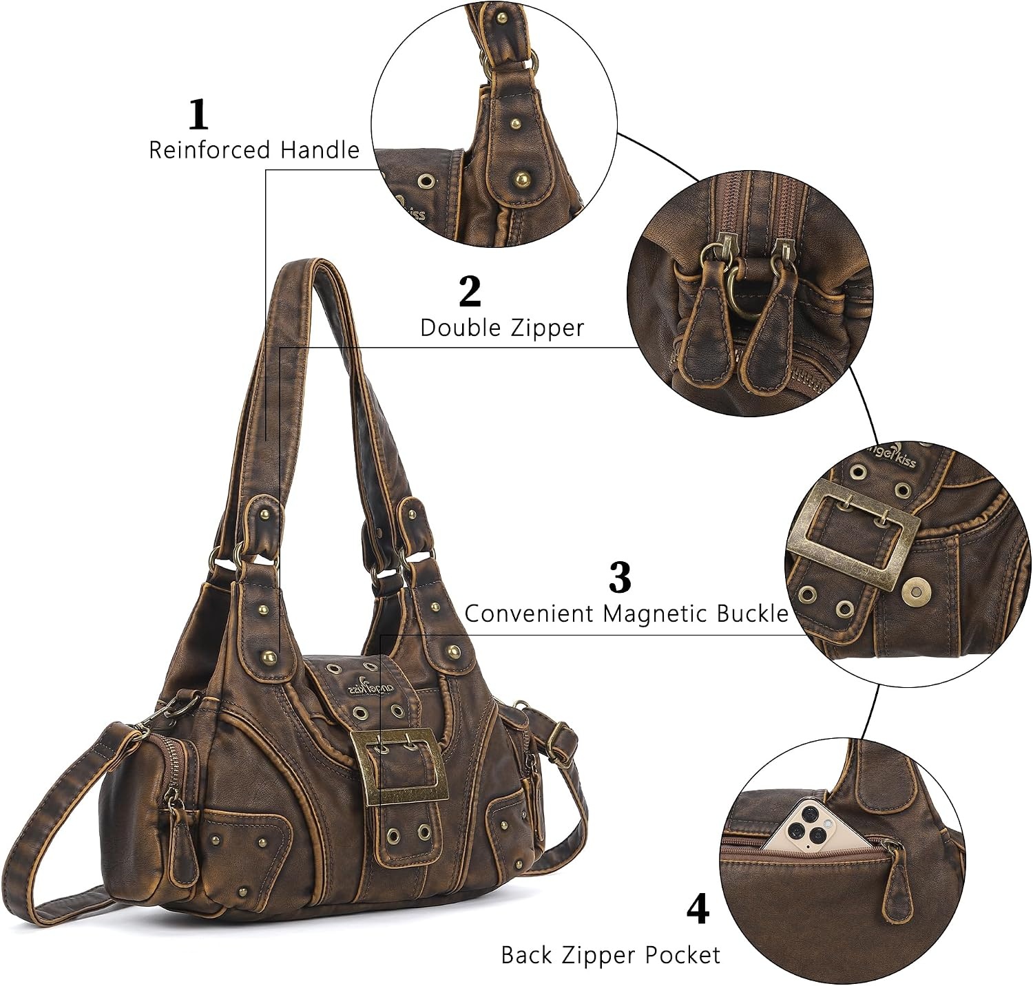 image:imageAngel Kiss Hobo Purses for Women Small Vegan Leather Shoulder Handbag Vintage MultiPocket Crossbody Bag Tote BagRetro Brown