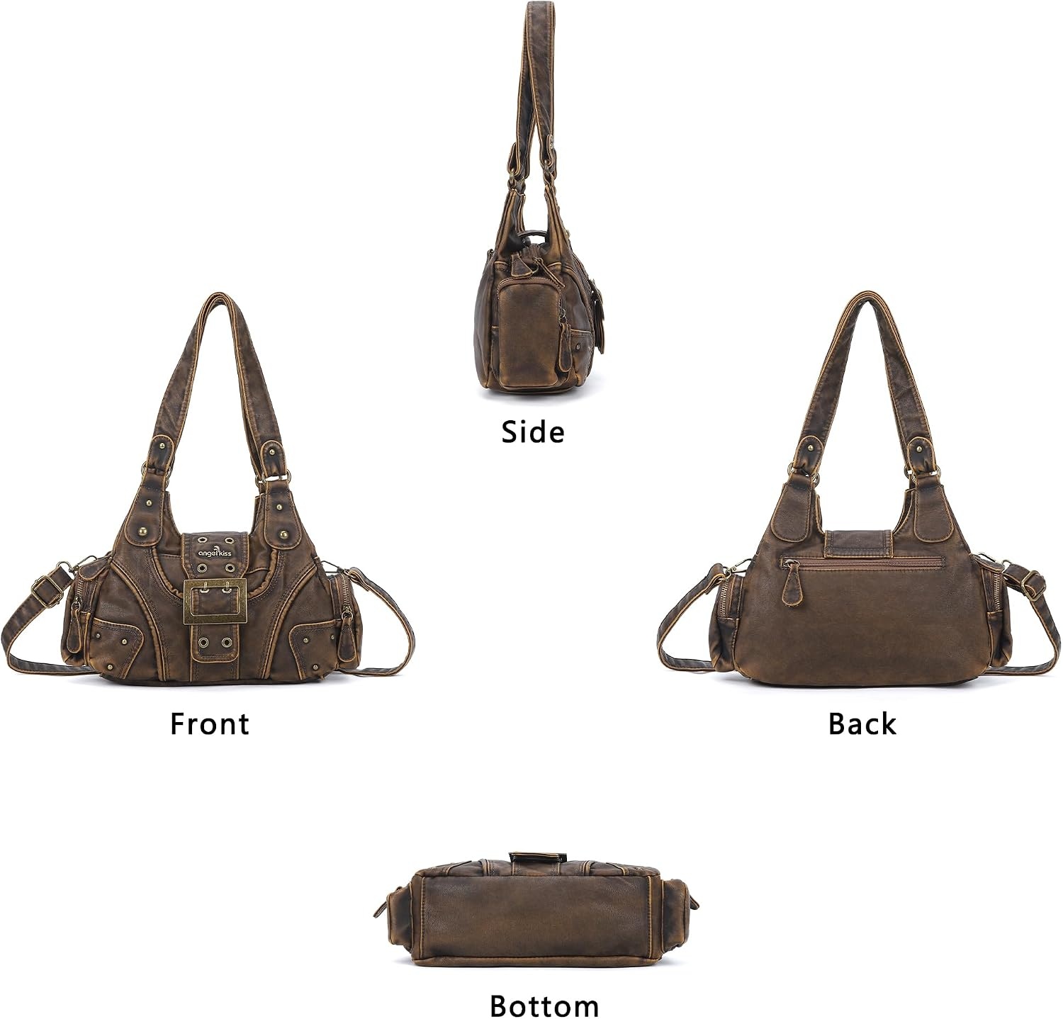 image:imageAngel Kiss Hobo Purses for Women Small Vegan Leather Shoulder Handbag Vintage MultiPocket Crossbody Bag Tote BagRetro Brown