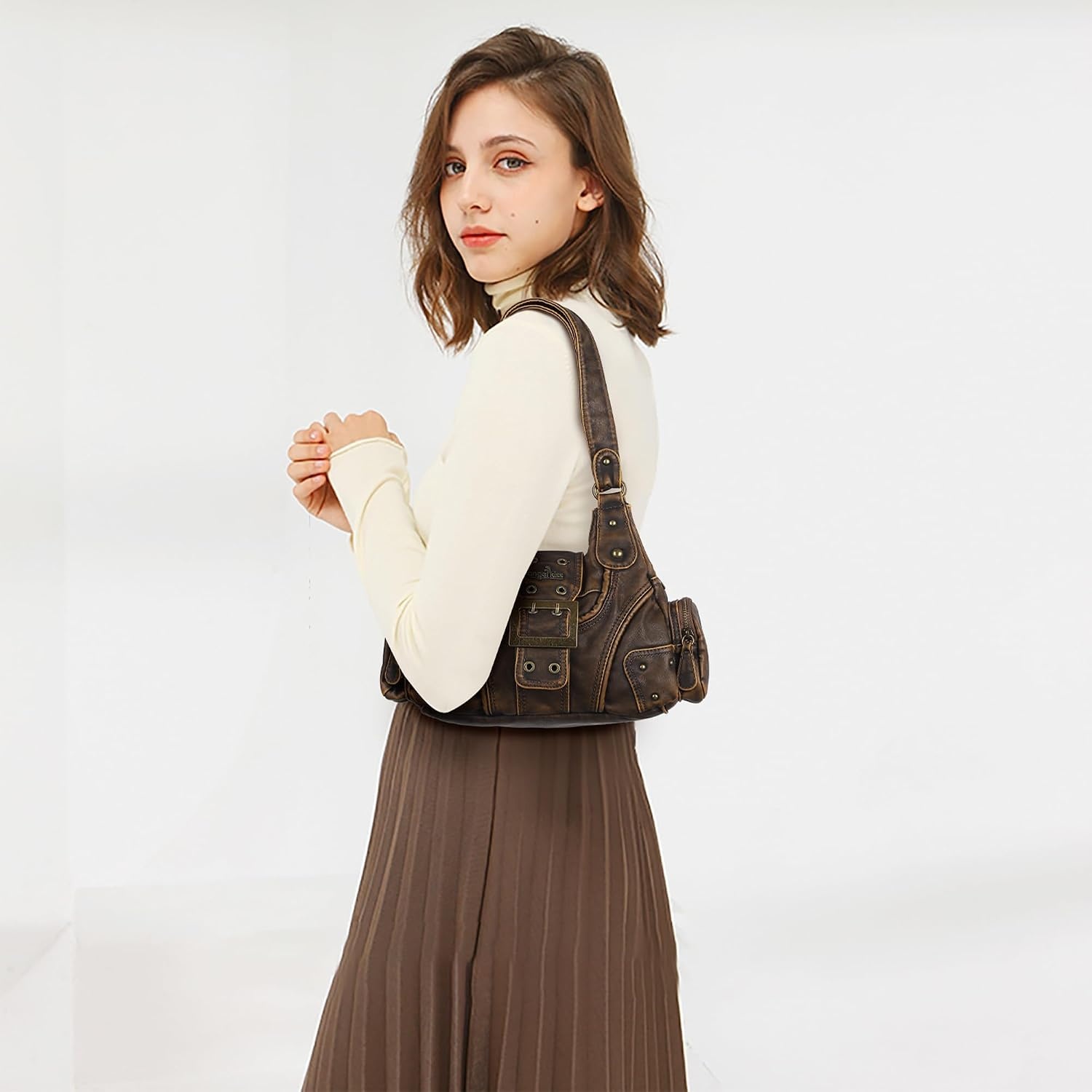 image:imageAngel Kiss Hobo Purses for Women Small Vegan Leather Shoulder Handbag Vintage MultiPocket Crossbody Bag Tote BagRetro Brown