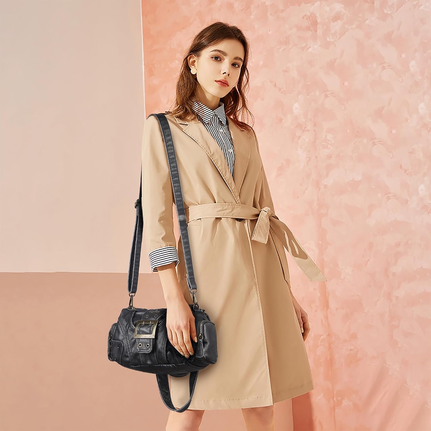 image:imageAngel Kiss Hobo Purses for Women Small Vegan Leather Shoulder Handbag Vintage MultiPocket Crossbody Bag Tote BagSilver Grey