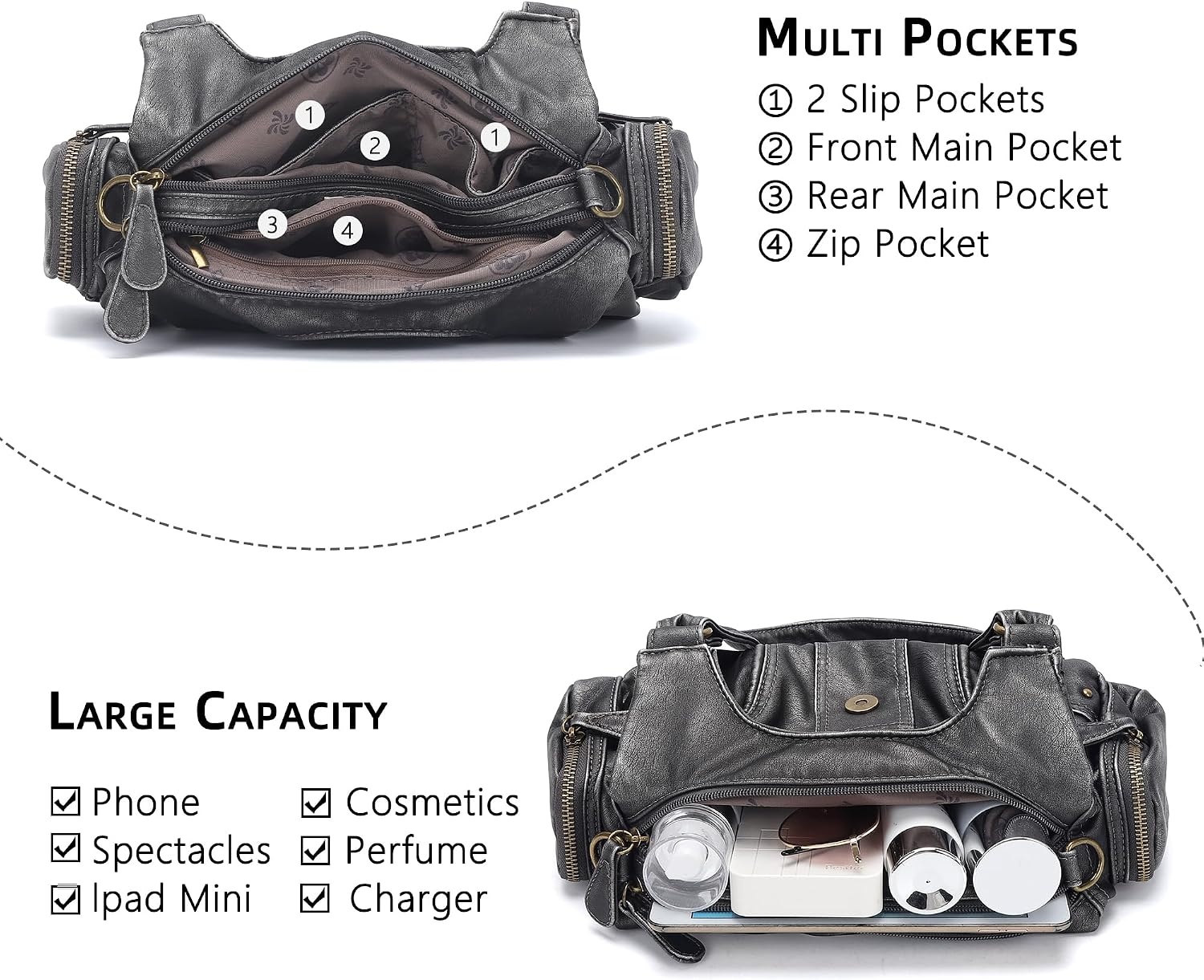 image:imageAngel Kiss Hobo Purses for Women Small Vegan Leather Shoulder Handbag Vintage MultiPocket Crossbody Bag Tote BagSilver Grey