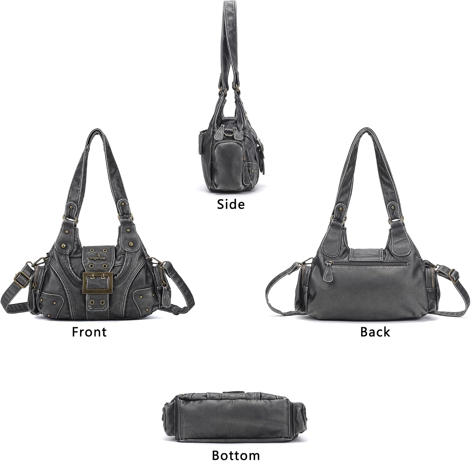 image:imageAngel Kiss Hobo Purses for Women Small Vegan Leather Shoulder Handbag Vintage MultiPocket Crossbody Bag Tote BagSilver Grey