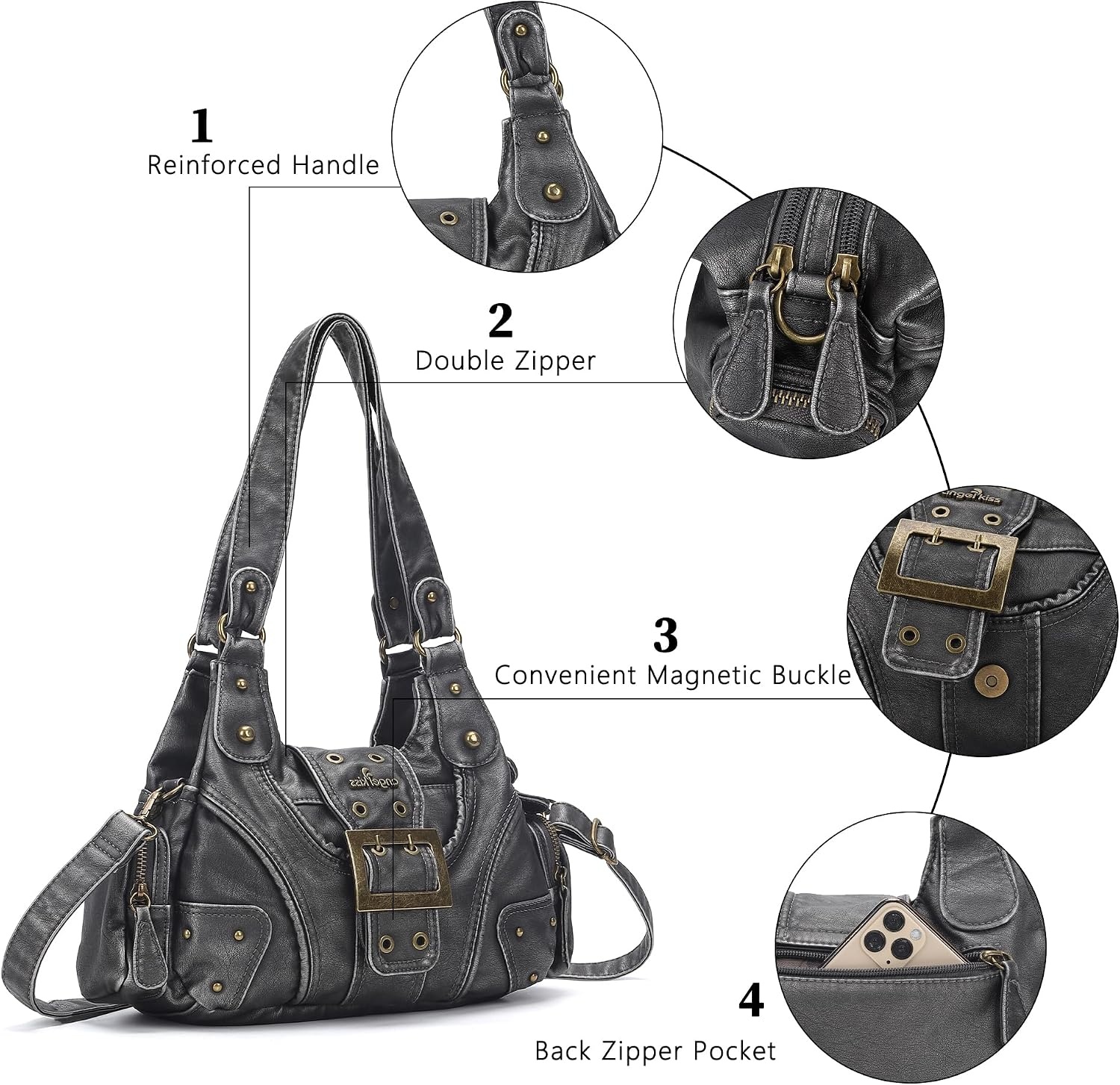 image:imageAngel Kiss Hobo Purses for Women Small Vegan Leather Shoulder Handbag Vintage MultiPocket Crossbody Bag Tote BagSilver Grey