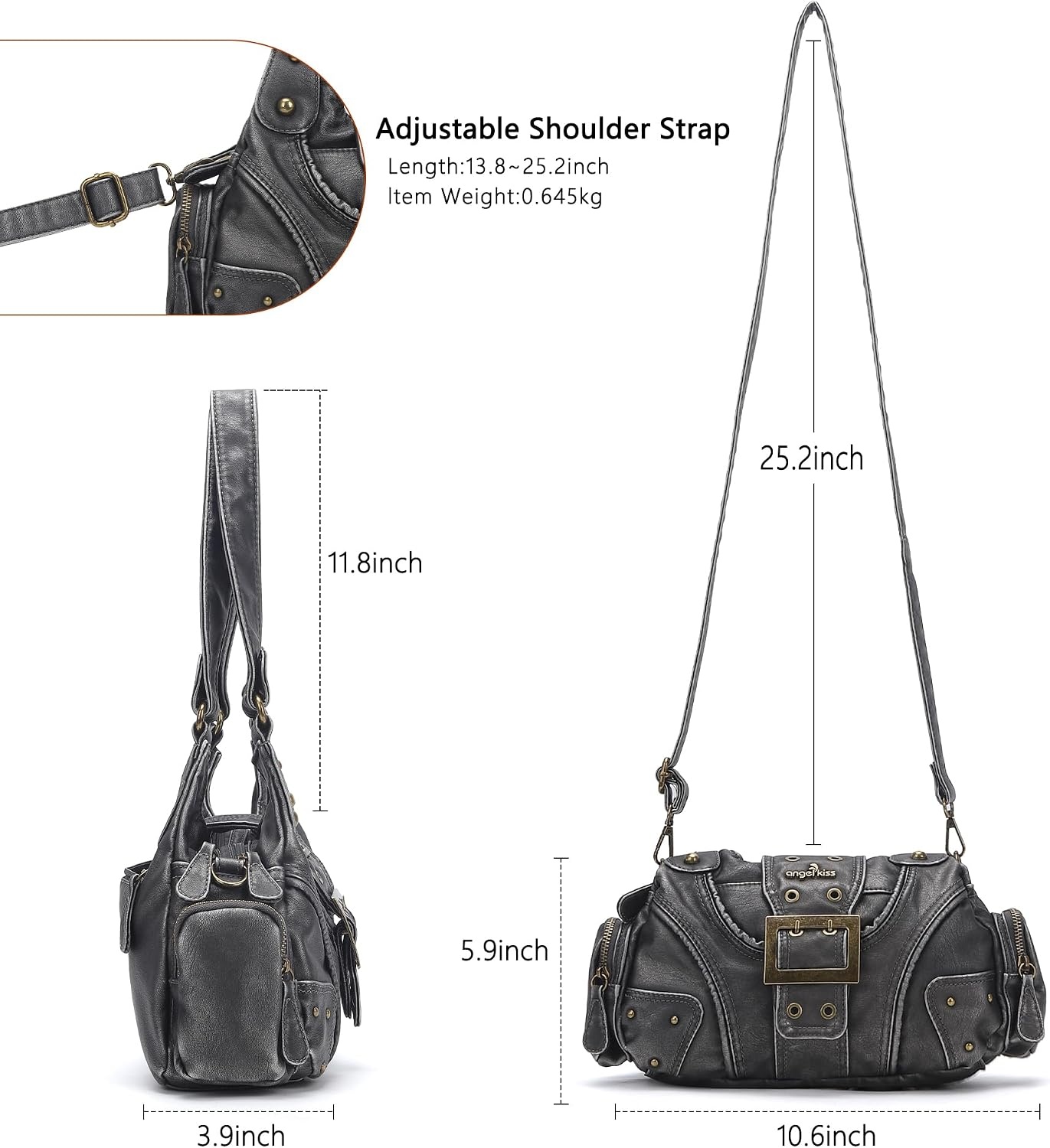 image:imageAngel Kiss Hobo Purses for Women Small Vegan Leather Shoulder Handbag Vintage MultiPocket Crossbody Bag Tote BagSilver Grey