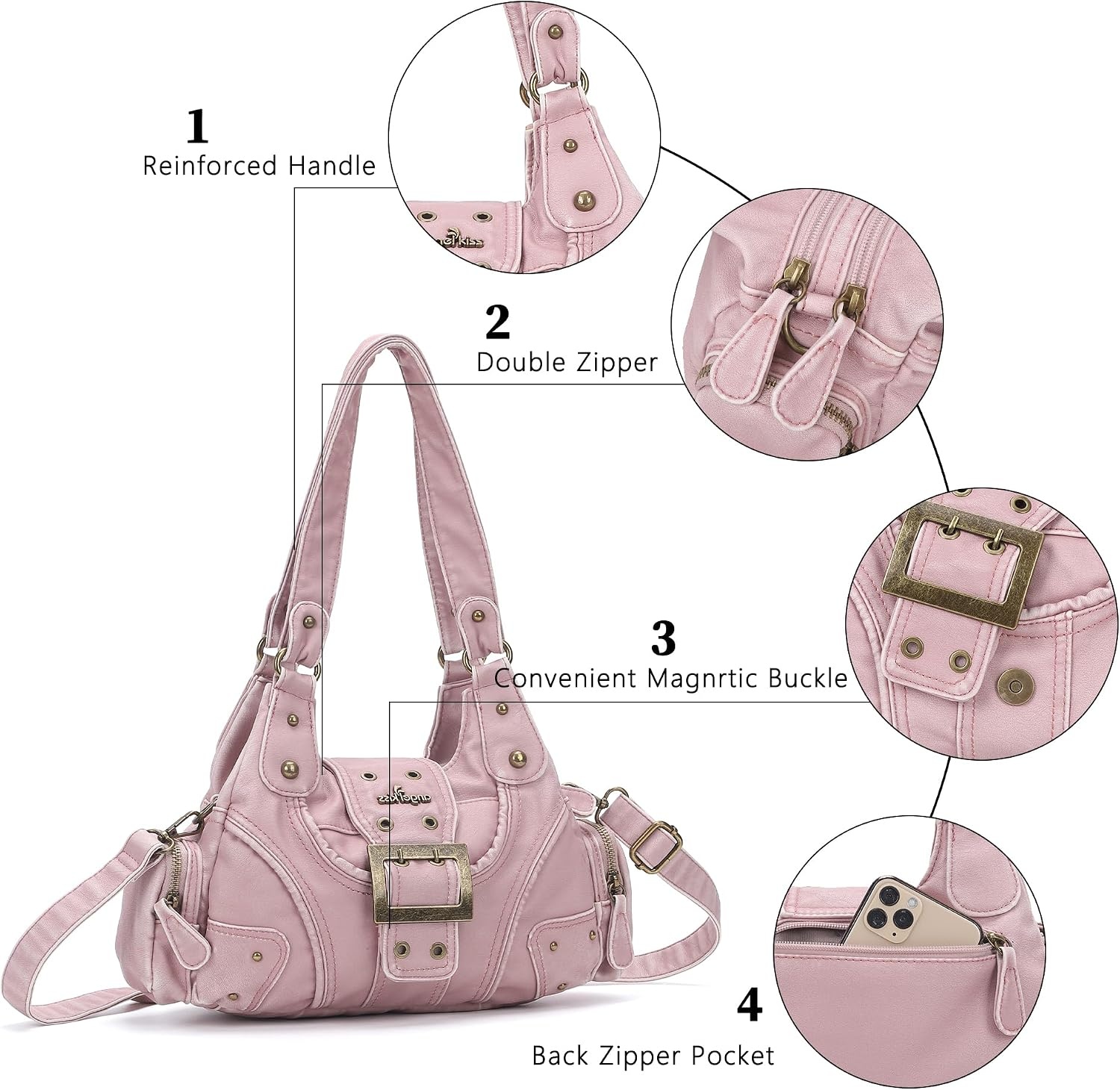 image:imageAngel Kiss Hobo Purses for Women Small Vegan Leather Shoulder Handbag Vintage MultiPocket Crossbody Bag Tote BagVintage Pink