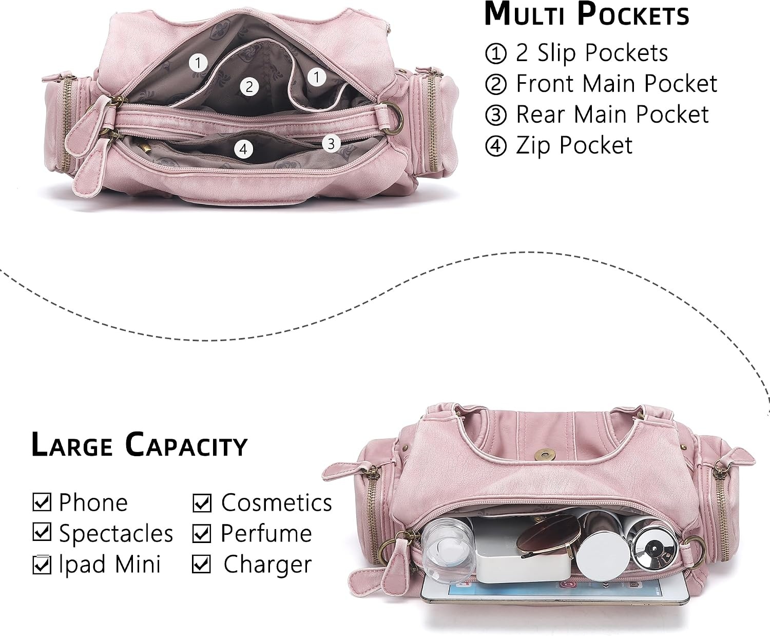 image:imageAngel Kiss Hobo Purses for Women Small Vegan Leather Shoulder Handbag Vintage MultiPocket Crossbody Bag Tote BagVintage Pink