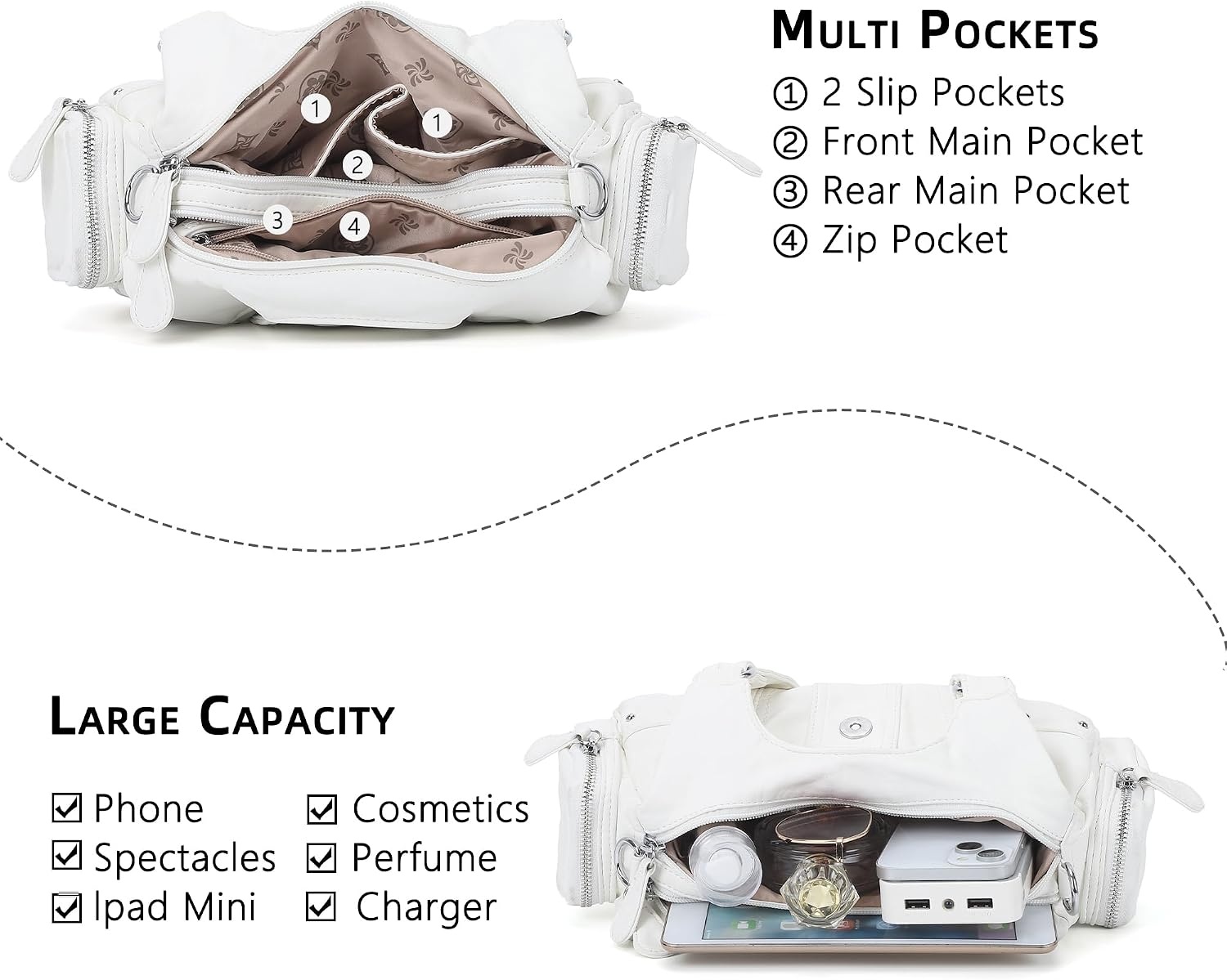 image:imageAngel Kiss Hobo Purses for Women Small Vegan Leather Shoulder Handbag Vintage MultiPocket Crossbody Bag Tote BagWhite