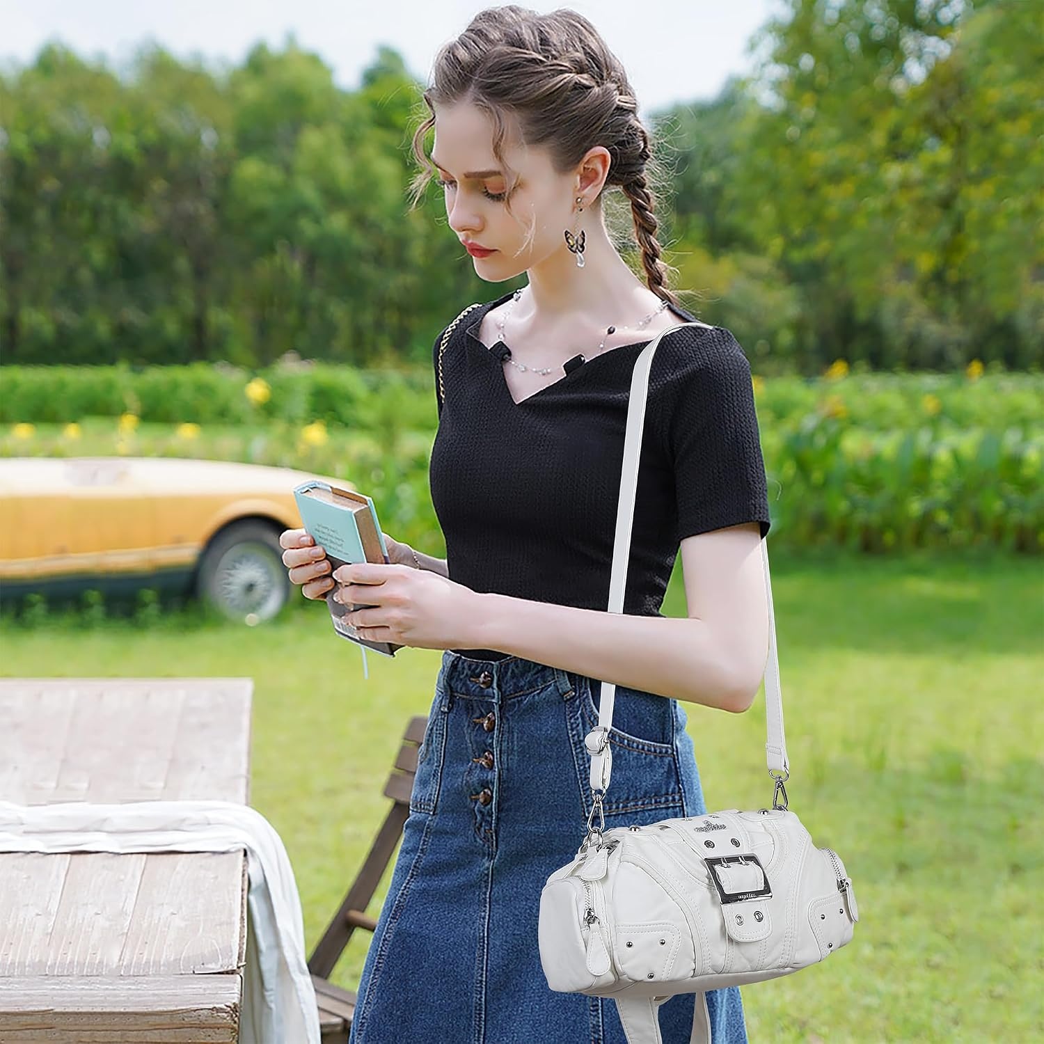 image:imageAngel Kiss Hobo Purses for Women Small Vegan Leather Shoulder Handbag Vintage MultiPocket Crossbody Bag Tote BagWhite