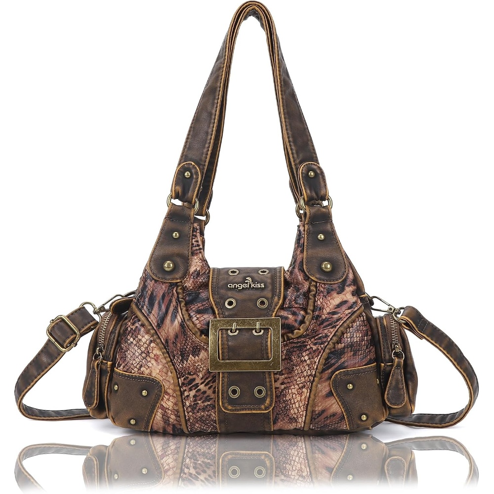 image:imageAngel Kiss Hobo Purses for Women Small Vegan Leather Shoulder Handbag Vintage MultiPocket Crossbody Bag Tote BagBrown Snake