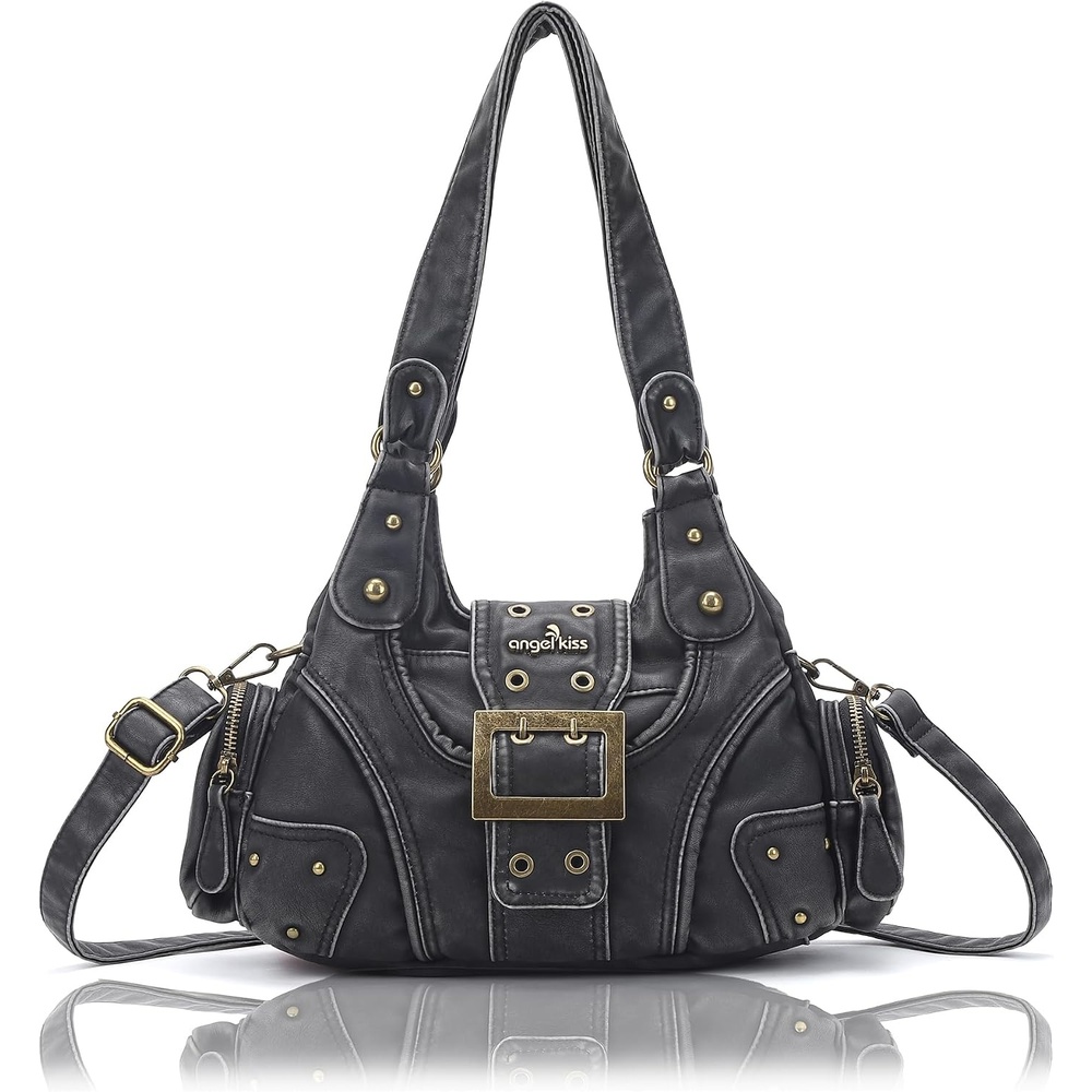 image:imageAngel Kiss Hobo Purses for Women Small Vegan Leather Shoulder Handbag Vintage MultiPocket Crossbody Bag Tote BagRetro Black